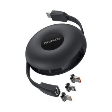 Promate 3-In-1 Auto-Recoil USB-C Cable With Magnetic USB-C | Lightning | Micro USB | Fast Charging
