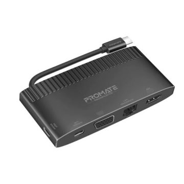 Promate 6-In-1 USB-C Hub With 4K HDMI, VGA, 1000Mbps RJ45, USB-C Data Port & 100W USB-C Power Delivery
